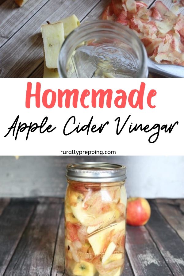 apple scraps with a glass on top of text that says homemade apple cider vinegar with a glass jar full of apple scraps that are fermenting on the bottom