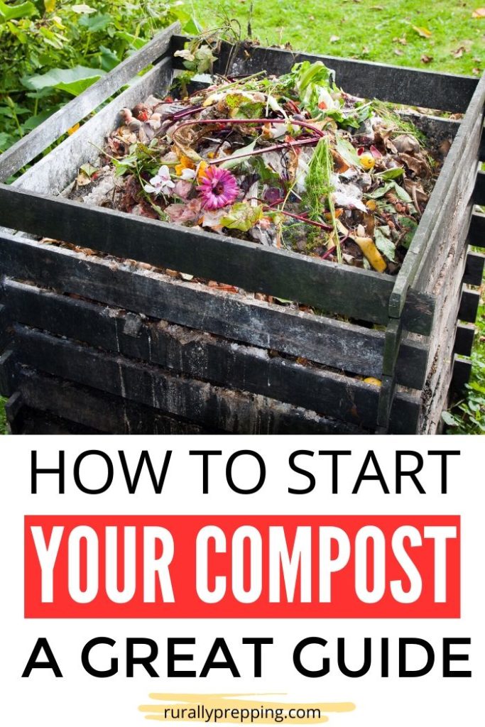 compost pallet bin full of compost items  text at the bottom says how to start your compost a great guide